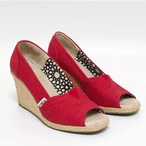 Toms Women's Wedges Red Calypso Canvas‎ Espadrille Slip On Peep Toe-SIZE 9.5